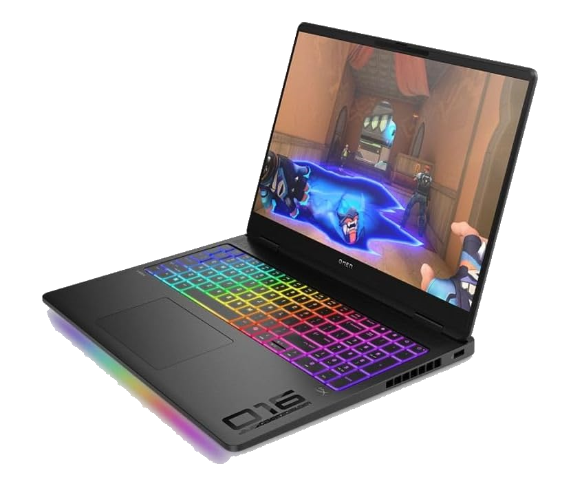 HP OMEN MAX 16-ak0007ne - angled view with RGB keyboard